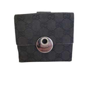 Gucci GG Monogram Canvas Bifold Wallet Black Silver Logo Hardware Made in Italy